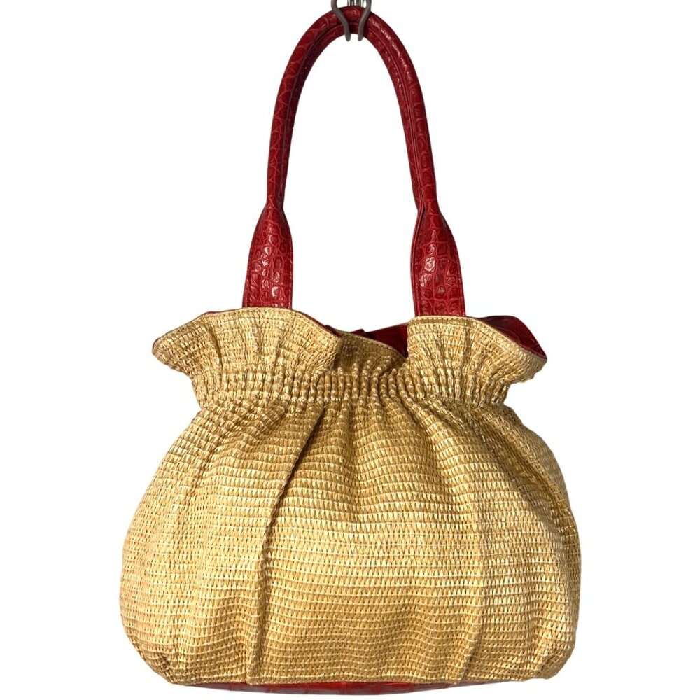Vintage Bueno Tan Woven Straw Red Faux Leather Flower Satchel Bag - Picture 2 of 8